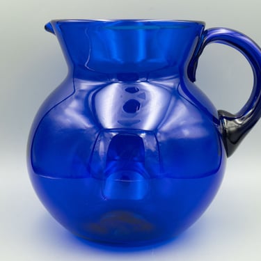 Large Cobalt Glass Pitcher with Applied Handle | Vintage Free-blown Water Jug 