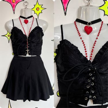 Vintage 90s | Black Lace Up Whimsy Goth Emo Bustier Corset Camisole Cami | S 