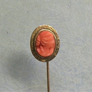 Antique 10K Gold Victorian Coral Cameo Stick Pin, Gold Stick Pin With Carved Cameo, Antique 10K Gold Stickpin (#4159) 