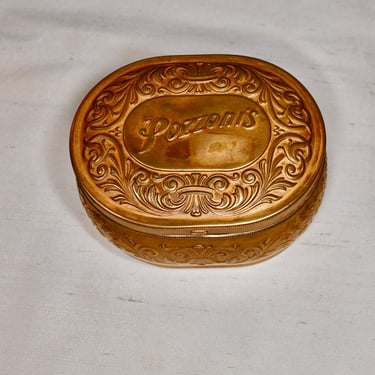 Antique Pozzoni's Complexion Powder Box Solid Brass Ornate Intricate Design Pressed Into Top Sides & Bottom Gift for Her Vanity Collectible 