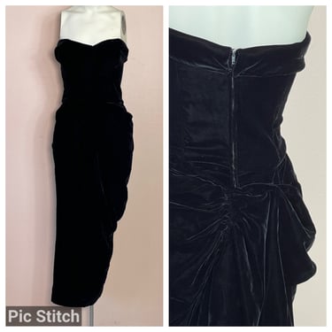 Vtg 50s Ceil Chapman black velvet wiggle bombshell draped dress SM 