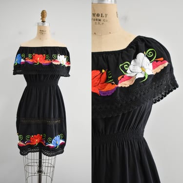 Vintage Floral Embroidered Black Mini Dress 