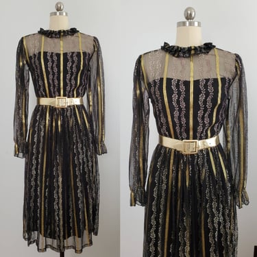 1970s Dress with High Collar and Sheer Sleeves - 70's Dress - 70s Women's Vintage Size Small 