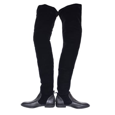 Gianfranco Ferré c. 1990 Vintage Black Velvet and Leather Thigh High Boots Sz 39 