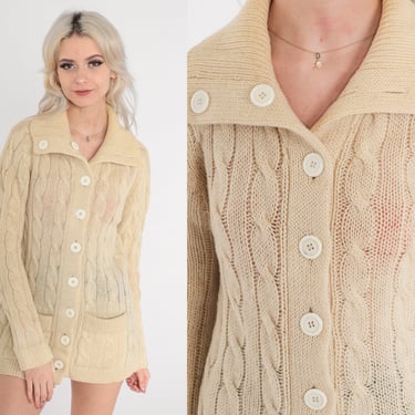 Cream Cable Knit Cardigan 70s Button Up Sweater Wool Blend Vintage Retro Fisherman Sweater Grandpa Pockets Cableknit 1970s Small 