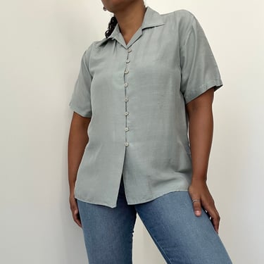Sage Green Silk Button Up | 90s Silk Shirt | Vintage Silk Blouse | Medium Large 