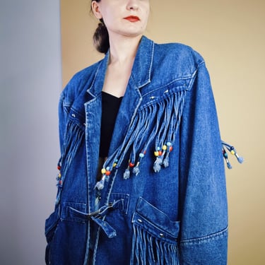 FRINGE DENIM Vintage 80s Beaded Embellished Blue Jacket Sz Med to Large 