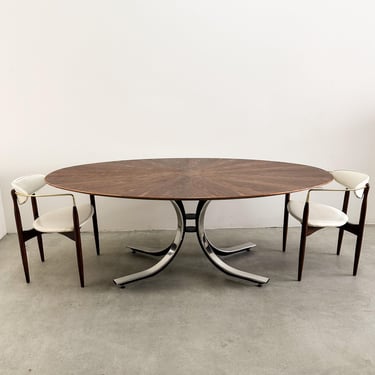 Vintage Stow Davis Oval Dining Table – Walnut Starburst Top & Chrome Base – Mid-Century Modern Conference Desk 1970s 