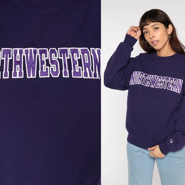 Northwestern University Sweatshirt Y2K Champion Pullover Evanston Illinois Wildcats 00s College Graphic Sweater Vintage Purple Medium M 