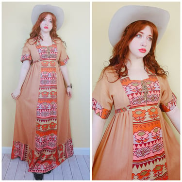 1970s Vintage Brown and Pink Southwestern Lace Up Dress / 70s / Seventies Lace Up Flared Sleeves Western Maxi / Medium - Large 