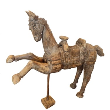 Large Antique Carved Stripped Wood Horse Sculpture 
