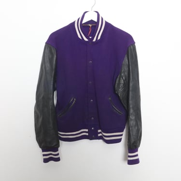 vintage PURPLE & black LEATHER letterman jacket, ready for PATCHES men's vintage 1980s 90s coat jacket -- Free shipping in the U.S.A. 