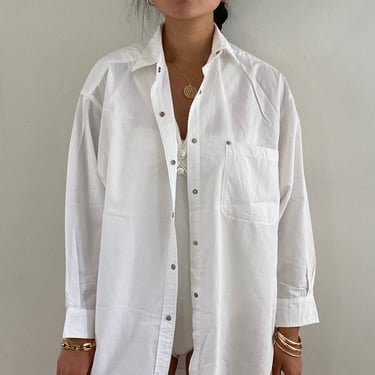 80s Perry Ellis white shirt / vintage designer crisp white poplin snap front oversized collared shirt blouse | Large 