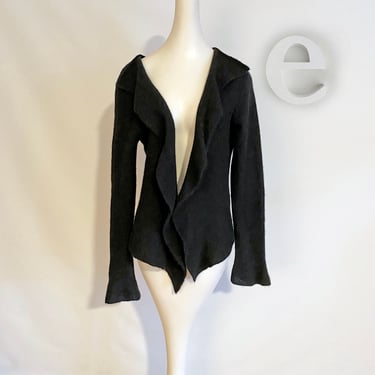 Sexy Ruffle Black Cashmere Sweater • Rockabilly Couture • Open Cardigan Long Sleeve • 100% Cashmere  • Medium / Large 45