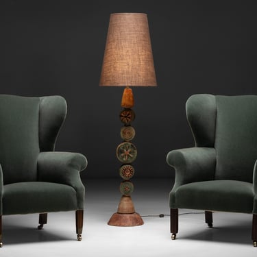 Wingback Armchairs in Green Wool Mohair / Terracotta Totem Floor Lamp