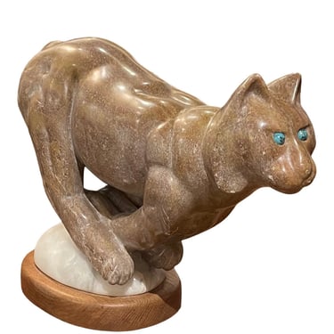 20th Century Vintage Native American Marble Stone Turquoise Bobcat Large Tabletop Sculpture 
