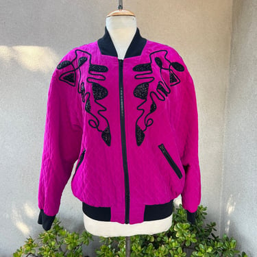 Vintage avant-garde 80s silk quilted raspberry pink black beaded bomber jacket KBS Kansai Yamamoto sz M 
