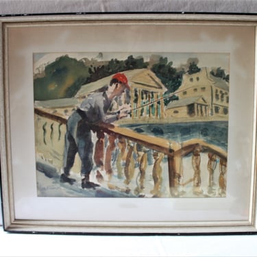 Mid Century signed watercolor painting fishing at Philadelphia Waterworks 22