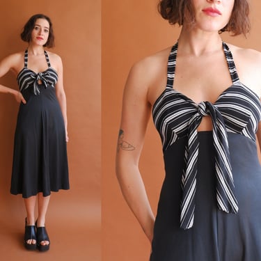 Vintage 70s Striped Halter Dress/ 1970s Keyhole Tie Front Black and White Dress/ Size Small 