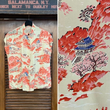 Vintage 1950’s “McInerny’s” Asian Japan Scene Tiki Rayon Tea-Timer Hawaiian Shirt Top, 50’s Vintage Clothing 