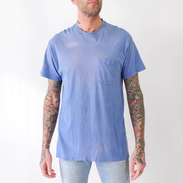 Vintage 90s Sun Faded Light Indigo Washed Out Single Stitch Pocket Tee Shirt | 100% Cotton | 1980s 1990s Distressed Blank Relaxed T-Shirt 