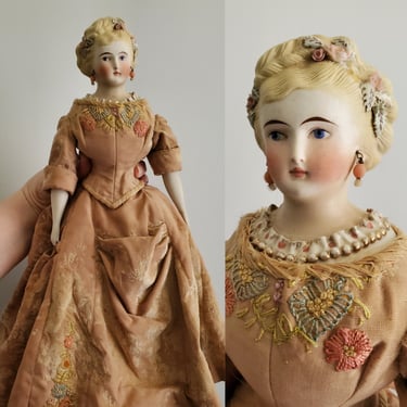 Antique Parian Bisque Doll With Ornate Hairstyle and Flowers - 15" Tall - Antique German Dolls - Collectible Dolls 