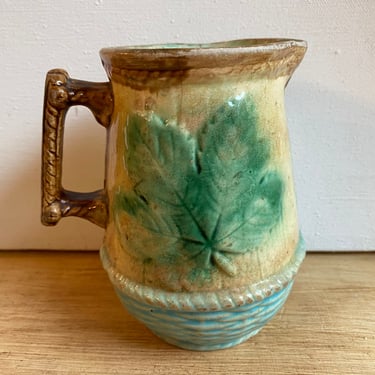 Antique Majolica Maple Leaf Small Pitcher/Creamer, Aqua Green Tan, Basket Weave, Nature Theme, Leaf Pitcher, Vase, Farmhouse, Read Condition 