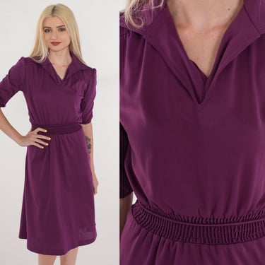 Purple Dress 70s Midi Dress Short Puff Sleeve High Elastic Smocked Waist Collared V Neck Secretary Day Plain Chic Blouson Vintage 1970s XS 