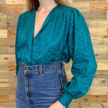 Lightweight Jewel Tone Teal Button Front Chic Blouse 