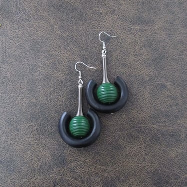 Futuristic wooden earrings, green 