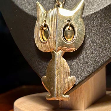 Vintage Cat Pendant Necklace Owl Kitsch Retro Fashion Jewelry Gold Tone 