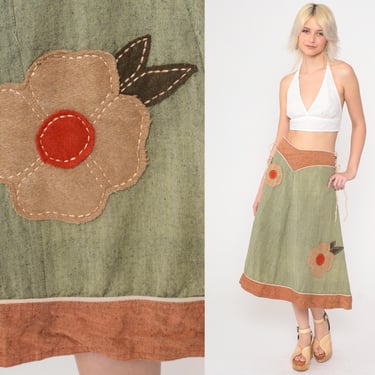 Vintage Y2K Lace-Up Midi Skirt Floral Appliqué Nepalese Green Brown Hippie Boho Patchwork Corset Lacing A-Line Cotton 