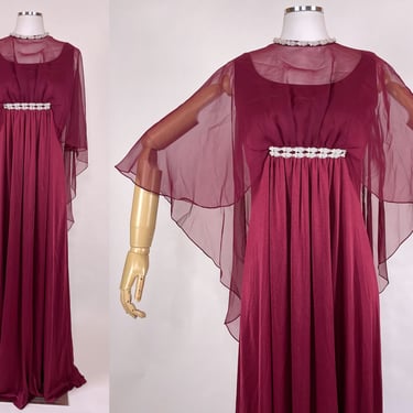 Vintage 1970's Burgundy Sheer Winged Cape Maxi Dress w Empire Waist & Beaded Detail by Emma Domb Size Medium | Holiday, New Years, Flapper 