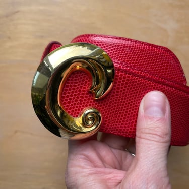 1980s Ginnie Johansen Red Leather with Goldtone Statement Buckle- adjustable 24-31 inch waist 