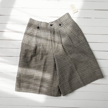high waisted shorts | 80s 90s vintage green navy cream plaid linen cotton academia style long pleated trouser shorts 