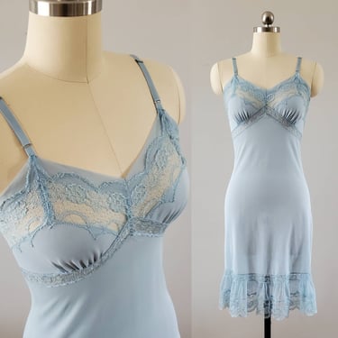 1950&#39;s Baby Blue Slip with Gorgeous Lace Detail 50s Lingerie 50&#39;s Loungewear Women&#39;s Vintage Size Small 
