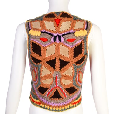 Halston Vintage 1970s Multicolor Crochet and Suede Butterfly Vest Top