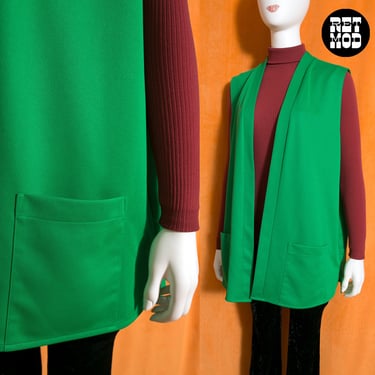Plus Size Vintage 70s Kelly Green Long Polyester Vest with Pockets 