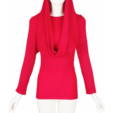 Gianfranco Ferré 1980s Vintage Ribbed Red Wool Cowl Neck Sweater 