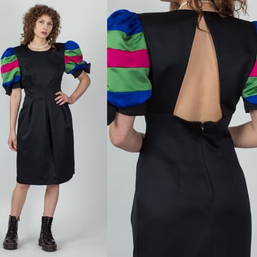 80s Colorful Puff Sleeve Party Dress - Medium | Vintage Keyhole Back Satin Little Black Dress 