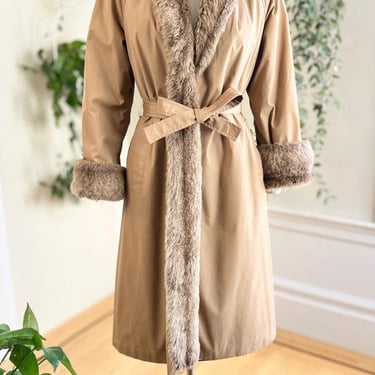 Vintage 1970s Trench Coat | 70s Faux Fur Lined Cuffs Winter Boho Water Repellant Raincoat Rain Overcoat | small/medium 