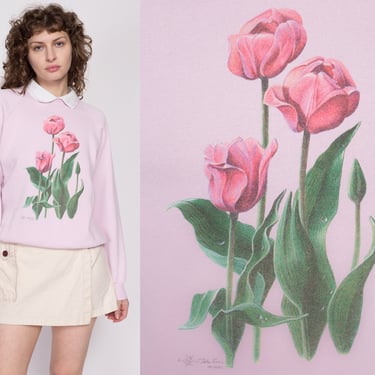 90s Tulip Flower Print Collared Sweatshirt - Large | Vintage Pink Floral Graphic Raglan Sleeve Pullover 