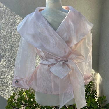Vintage glam soft pink polyester chiffon wrap peplum blouse Sz L by Positively Ellyn 