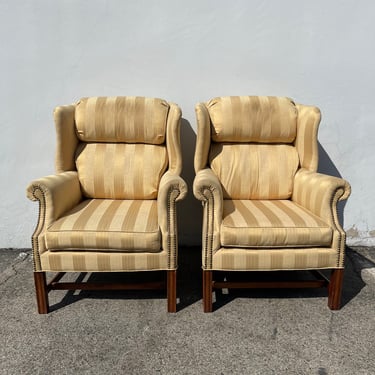 Pair of Armchairs Traditional Wingback Chairs Wood Fabric Seating Vintage Wing Back Fan Lounge Mid Century Modern English Set High Back 