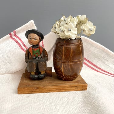 Carved Bavarian boy with a toothpick holder barrel - vintage European carving 