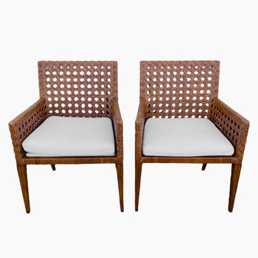 Set of 2 Rattan Cane Armchairs with White Seat Cushions - Vintage Pair of Natural Coastal Chic Chairs 
