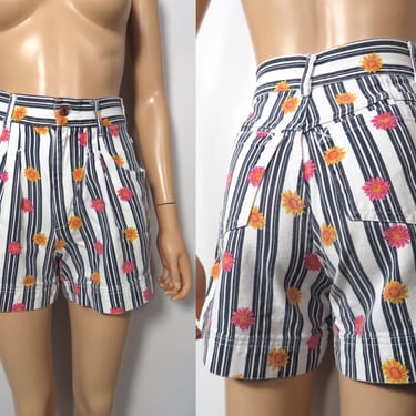 Vintage 90s Esprit Striped Daisy Print Denim Pleatfront Shorts Made In USA Size 25 Waist 