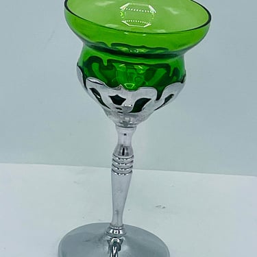 Vintage Art Deco Green Cup Clear Stem Cocktail Glasses