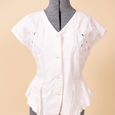 White Cotton Embroidered Eyelet Blouse by Fair Lady, M