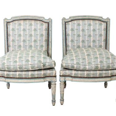 Pair of 19th century French Painted Blue Slipper Chairs